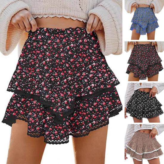 Women Cake Skirt High Waisted Double-Layered Ruffle Bohemian Mini Skirt with Elastic