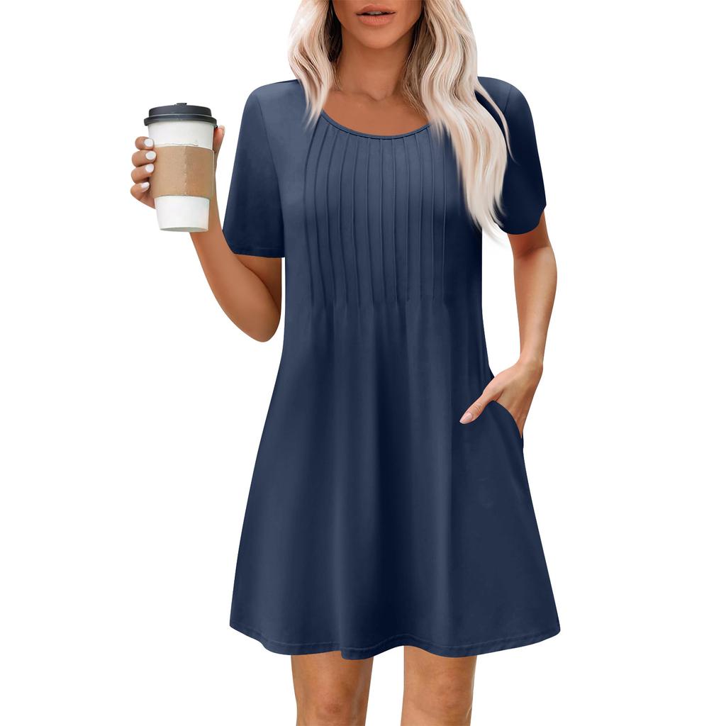 Женское летнее платье свободного покроя для пляжного отдыха, сарафан с коротким рукавом и круглым вырезом, с карманом, с коротким рукавом, платье-рубашка