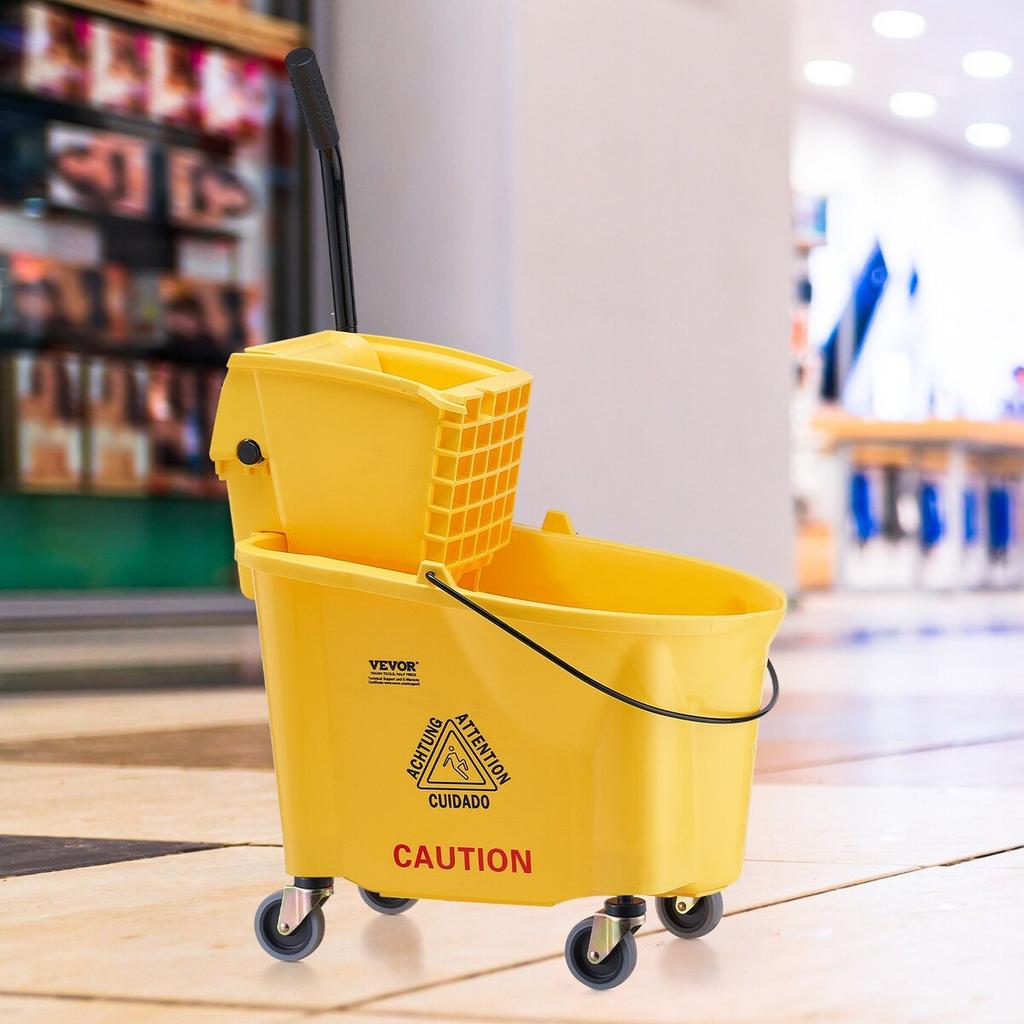 Mop Bucket with Wringer, 35 Qt. Commercial Mop Bucket with Side Press Wringer, Side-Press Mop Bucket and Wringer Combo on Wheels, for
