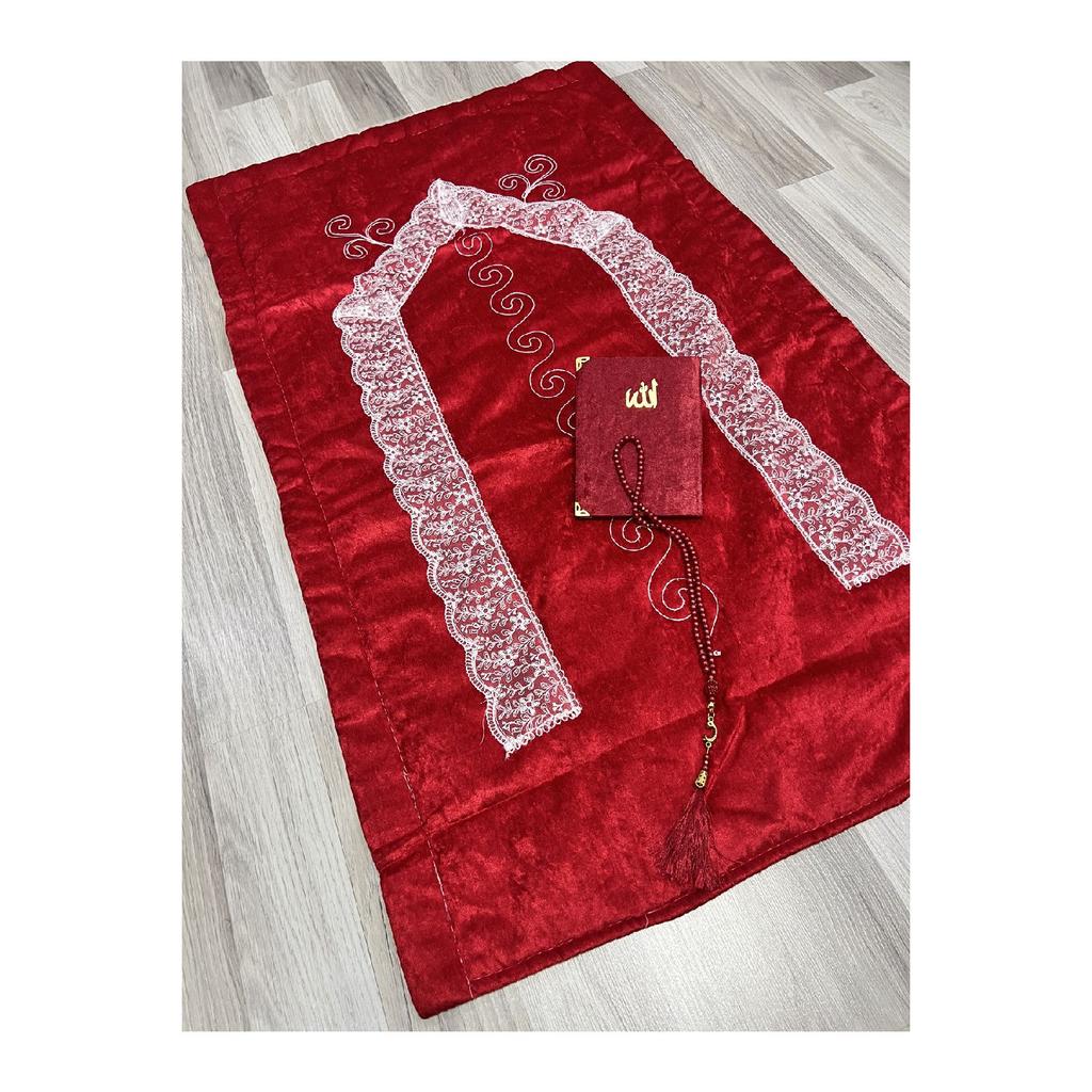 3 Piece French Guipure Embroidered Velvet Dowry Bridal Set Prayer Rug