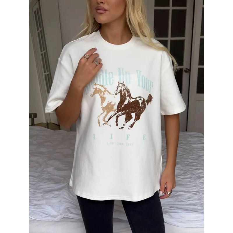 New Fashion T-shirt Fashion New Fashion Casual Loose Round Neck Print Letter Cotton T-shirt Top