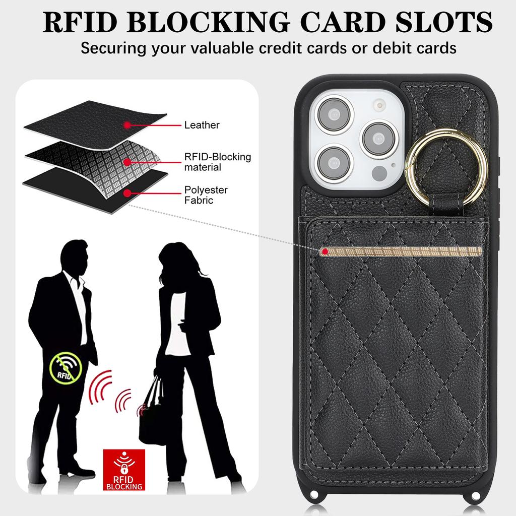 For iPhone 15 Pro Case with Lanyard/Mirror/Card Holder Grids Pattern RFID Blocking Phone Cover