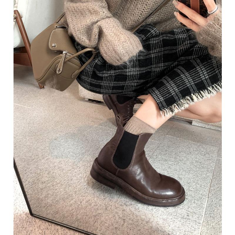 [] Wang Fried Grade~ Washed Shrinking Horse Leather Folded Cigarette Elastic Chelsea Boots Women's Short Boots