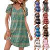 Women's Summer Fashion V-Neck Loose Dress Petal Short Sleeve Vintage Printed Beach Dresses