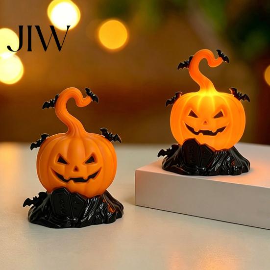 Halloween Tombstone Decoration LED Candle Light Figurine, Bat Glowing Tabletop Ornament, Warm Lighted Props Pumpkin Decor Prop for Escape Room Haunted