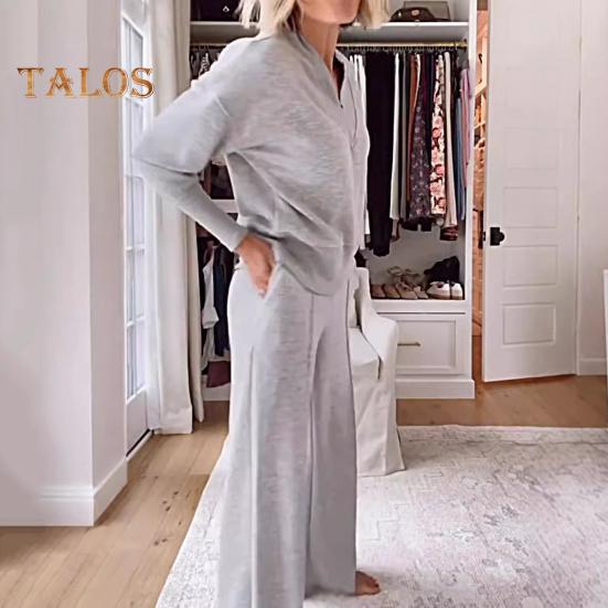 2 шт./комплект женский топ брюки комплект V-образный вырез длинные рукава свободная толстовка эластичный пояс широкие спортивные штаны спортивный наряд осенний повседневный спортивный костюм