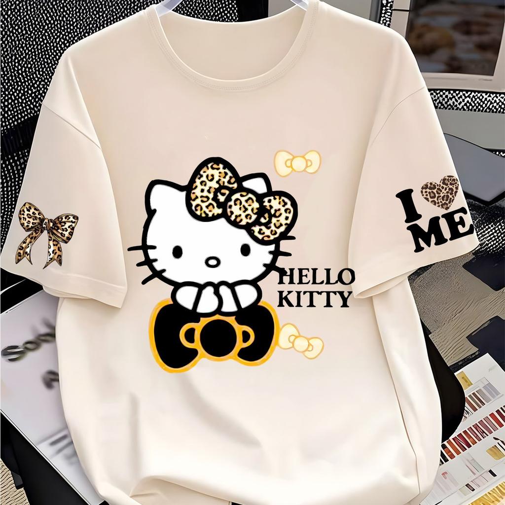 Women's Short-Sleeve T-Shirt, Leopard Print Bow Pattern Loose Crew Neck Casual Top