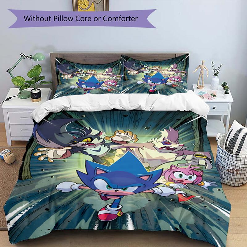 3pcs Duvet Cover Set (1*Duvet Cover + 2*Pillowcase, Without Core), Sonic Print Bedding Set, Bedroom Decor, All‑Season, Birthday Gift