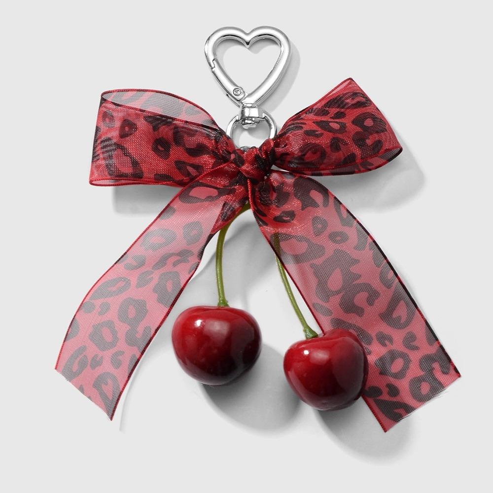 Leopard Pattern Cherry Pendant Mesh Pearl Bow Pendant Ribbon Bow Keychain  Bag Ornaments