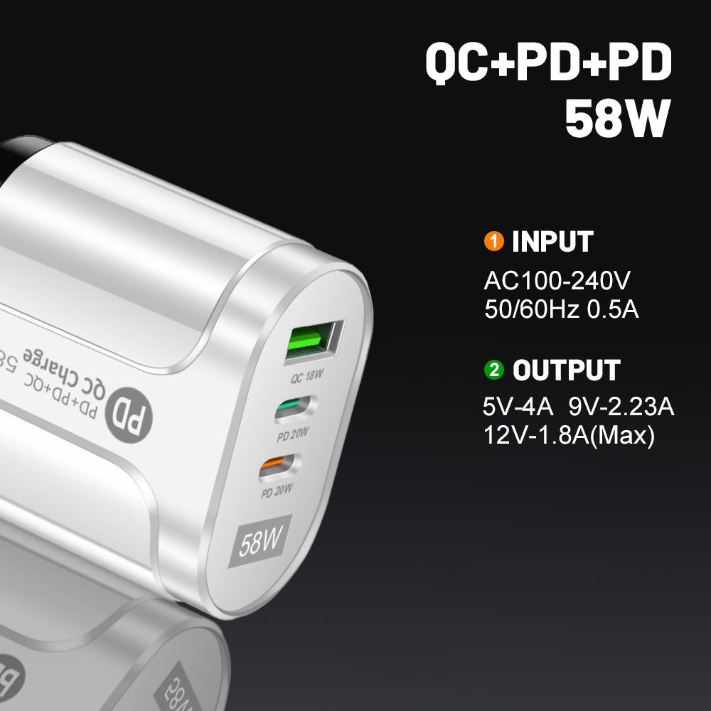 Двойное быстрое зарядное устройство 58 Вт с 2 портами PD + QC3.0 для мобильных телефонов - вилки EU/US/UK/AU