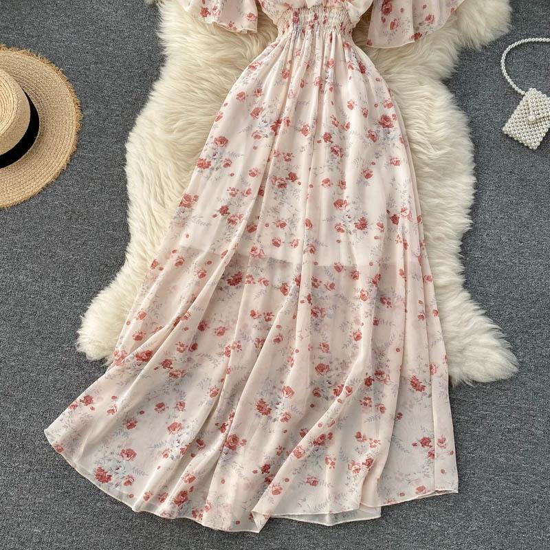 Женские летние сексуальные пляжные платья с v-образным вырезом на талии и длинными шифоновыми цветочными платьями