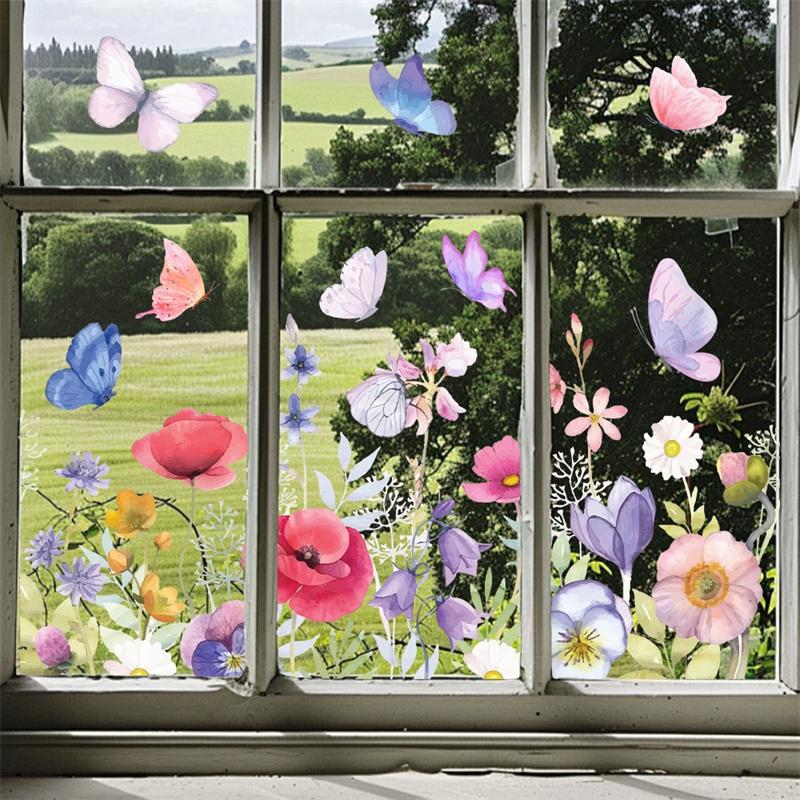 Flowers Butterfly Window Sticker Double Sided Printed Electrostatic Beautiful Spring Coming Style Bedroom Glass Decal Home Decor