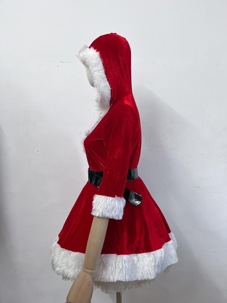Рождественский костюм Санты для женщин, карнавальный набор, с капюшоном и V-образным вырезом (Красный зеленый), Сексуальное праздничное платье для острой девушки с поясом