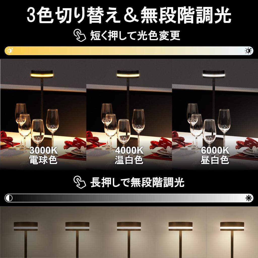 LUTW Cordless Table Lamp, 3600mAh Battery, 3 Color Switching, Stepless Dimming, Memory Function, Type-C Rechargeable, Touch Control, LED Desk Light,