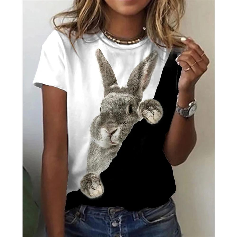 2024 New Popular Personality 3D Women's T-shirt Fun Cute Rabbit Print Ladies Short-sleeved Round Neck Top Refreshing Breathable