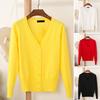 Women Knitting Coat V-Neck Long Sleeve Single Breasted Sweater Coat Solid Color Ribbed