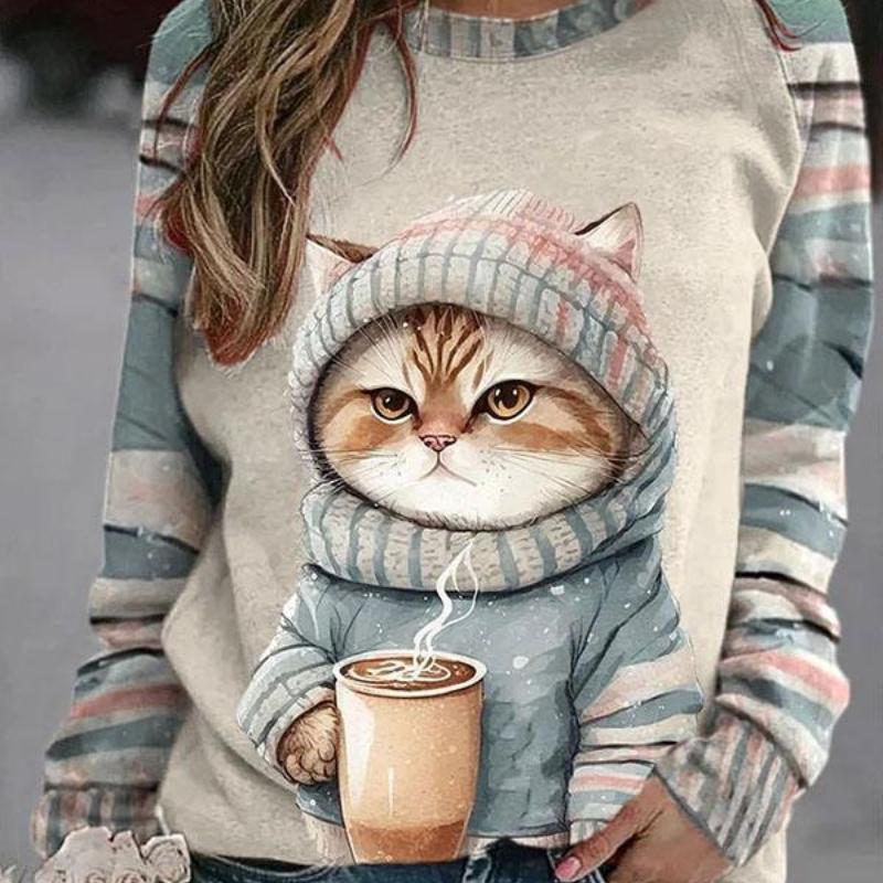 Cartoon Kawaii Long Sleeve T-Shirts Women Funny Cute Cat Animals Print Tops Female Korean Fashion Chic O-Neck Pullover 2024 New