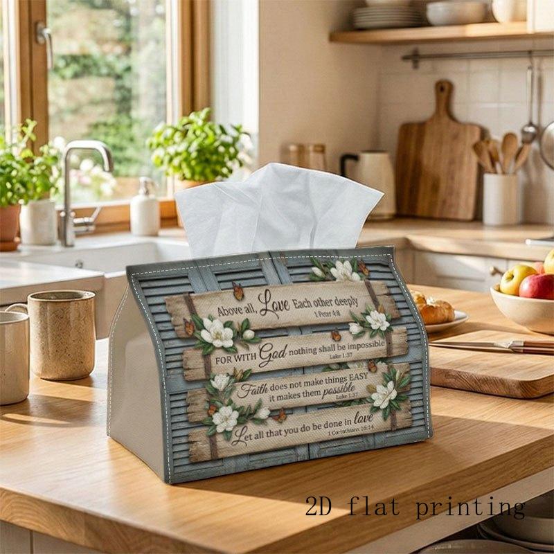 1pc White Magnolias, Wood Texture, "Faith Does Not Make Things EASY", "Above All Love" Tissue Box Cover Soft Fabric Dispenser with Rounded Corners, Wa