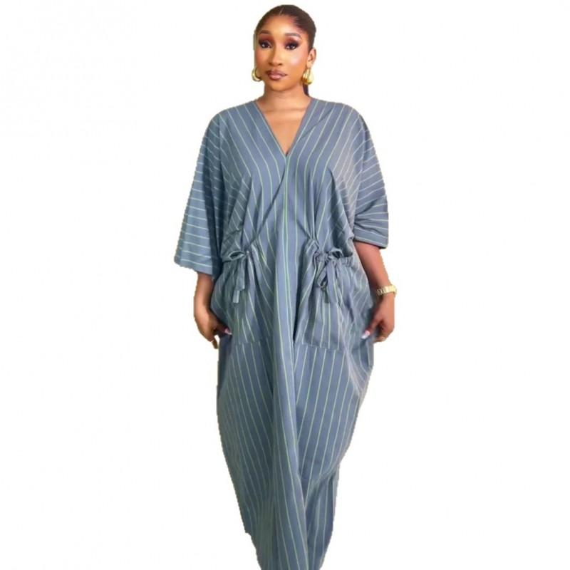 Womens Loose V-Neck Striped Midi Dress With 3/4 Sleeves Large Pockets Casual A-Line Outfit