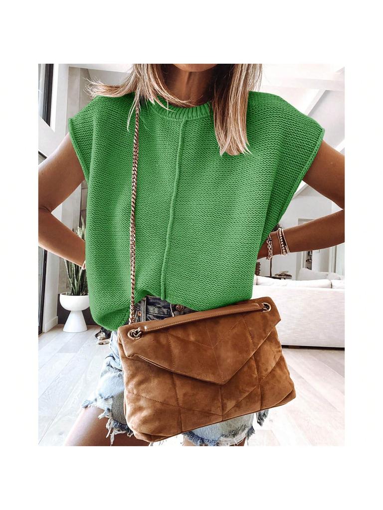 Women's Cap Sleeve Knit Pullover Crew Neck Lightweight Short Sleeve Summer Sweater