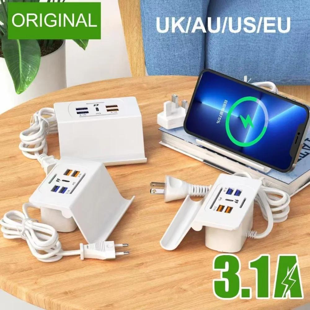 6 портов USB зарядное устройство 3.1A быстрая зарядка PD Type C многопортовые быстрые зарядные устройства USB концентратор адаптер мобильный телефон EU US UK вилка подставка для телефона