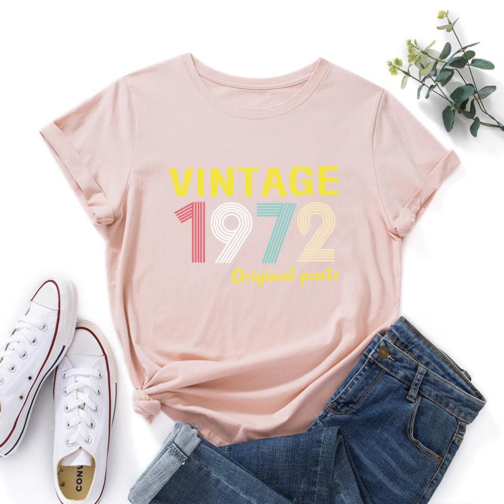 Винтажная хлопковая футболка с алфавитом 1972 года, с коротким рукавом, круглым вырезом, женская, с 2D-принтом, топы