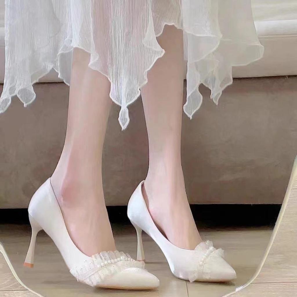 Лето 2025 новый универсальный стилет с юбкой заостренный французский нежный ветер фея невеста туфли на высоком каблуке туфли для подружки невесты