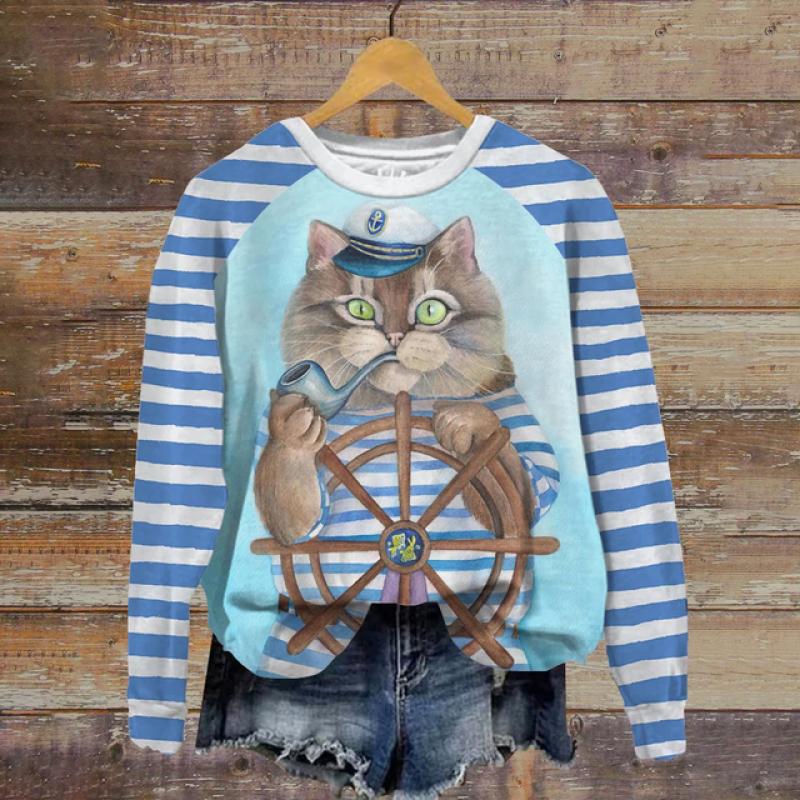 Женские топы с круглым вырезом, забавный милый кот, Повседневная толстовка с принтом Kawaii, пуловер с рисунком животных, женская одежда