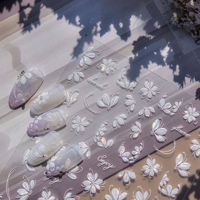 5D Изысканные наклейки для нейл-арта с белыми цветами, Кавайные цветочные наклейки для украшения ногтей, Самоклеящиеся слайдеры, DIY аксессуары