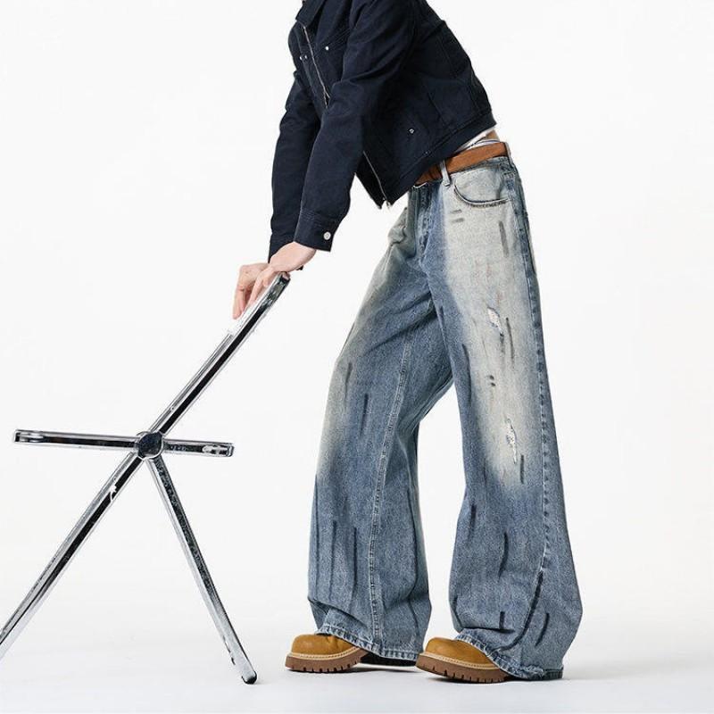 Mens Loose Wide Leg Denim Pants Light Blue Distressed Pleated Jeans American Style Streetwear