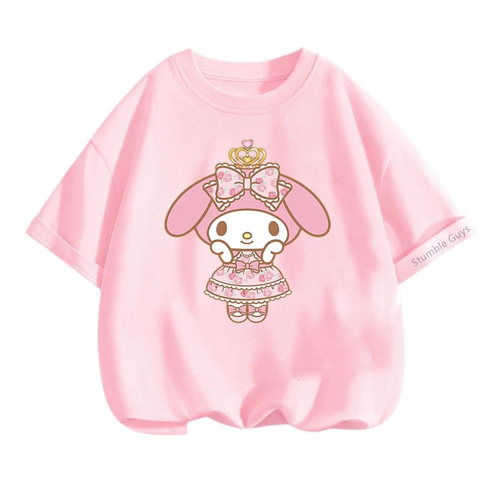 Kawaii My Melody Sanrio Short Sleeve T-shirt 3-14Y Kids Summer Casual Tops Boys Clothes Girls