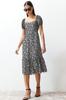 Women's Fashion Casual Balloon Sleeve Midi Black Floral Waist Opened Viscose Gimped Midi Woven Dress