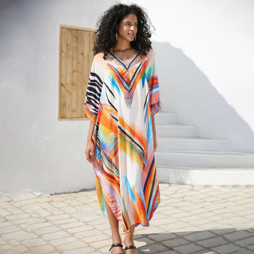 Printed Beach Dresses Viscose Kaftans for Women Summer Plus Size Loose Robe Holiday Living Room Bathing Suits