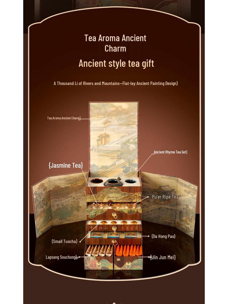 Подарочная коробка для премиального чая: Улун, Черный, Пуэр и Жасмин - Коллекция «Тысяча ли рек и гор»