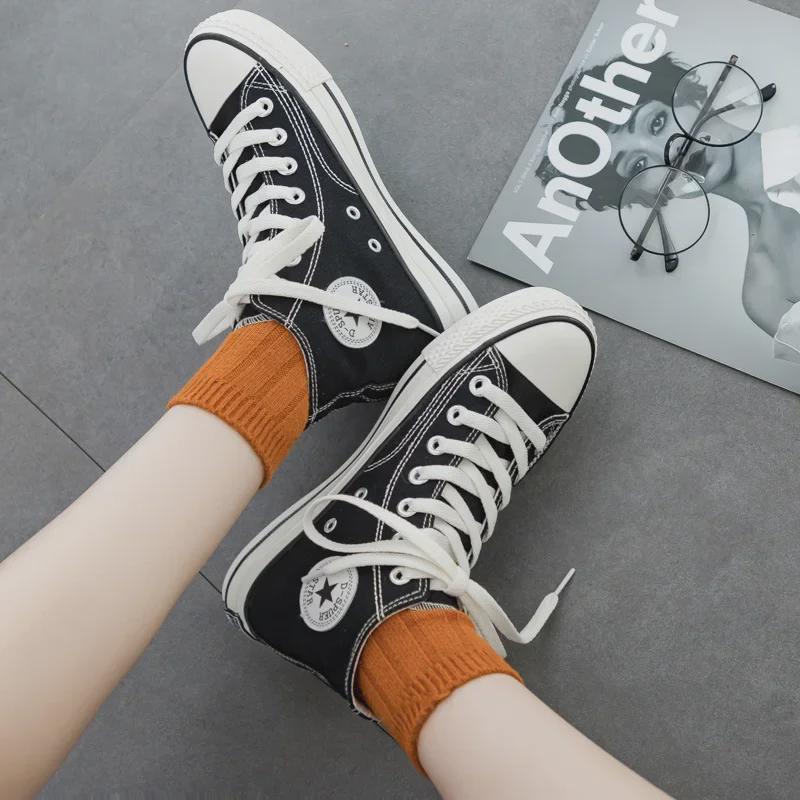 DDOO Women's High-Top Black Canvas Sneakers - Ulzzang Style for Spring and Autumn 2024.