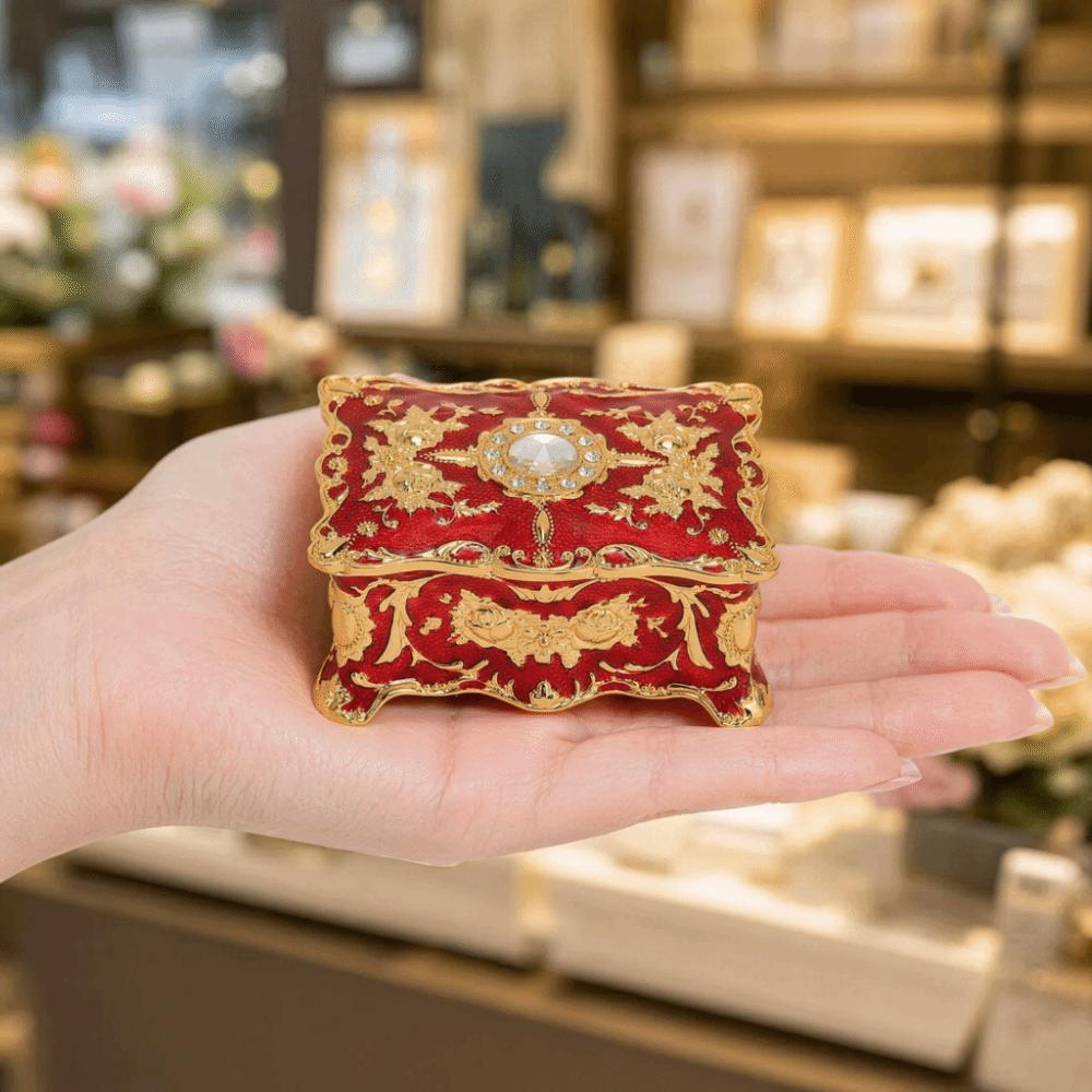 Metal Enamel Jewelry Box Gold Red Treasure Chest Box Jewelry Organizer Gemstone Storage Tray