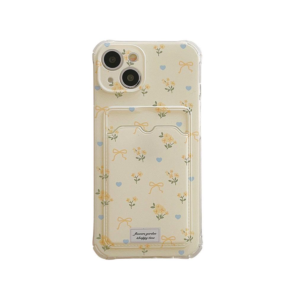 Чехол для iPhone 13 с розовыми и желтыми мелкими цветами для iPhone 11, 12 Pro Max и iPhone 14 со слотом для карт.