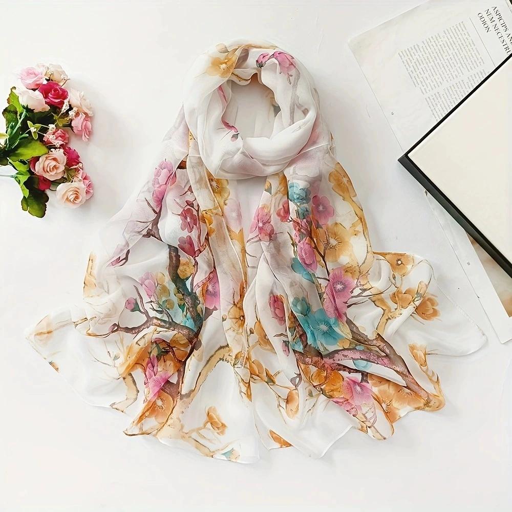 Summer Beach Long Sun Protection Scarf and Shawl Women Decorative Floral Thin Chiffon Scarves