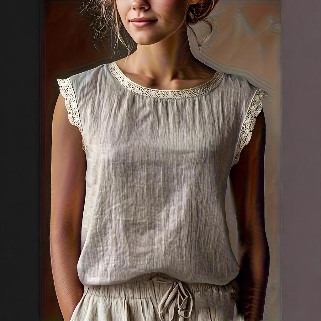Женская ретро свободная льняная рубашка без рукавов с кружевной аппликацией 2026