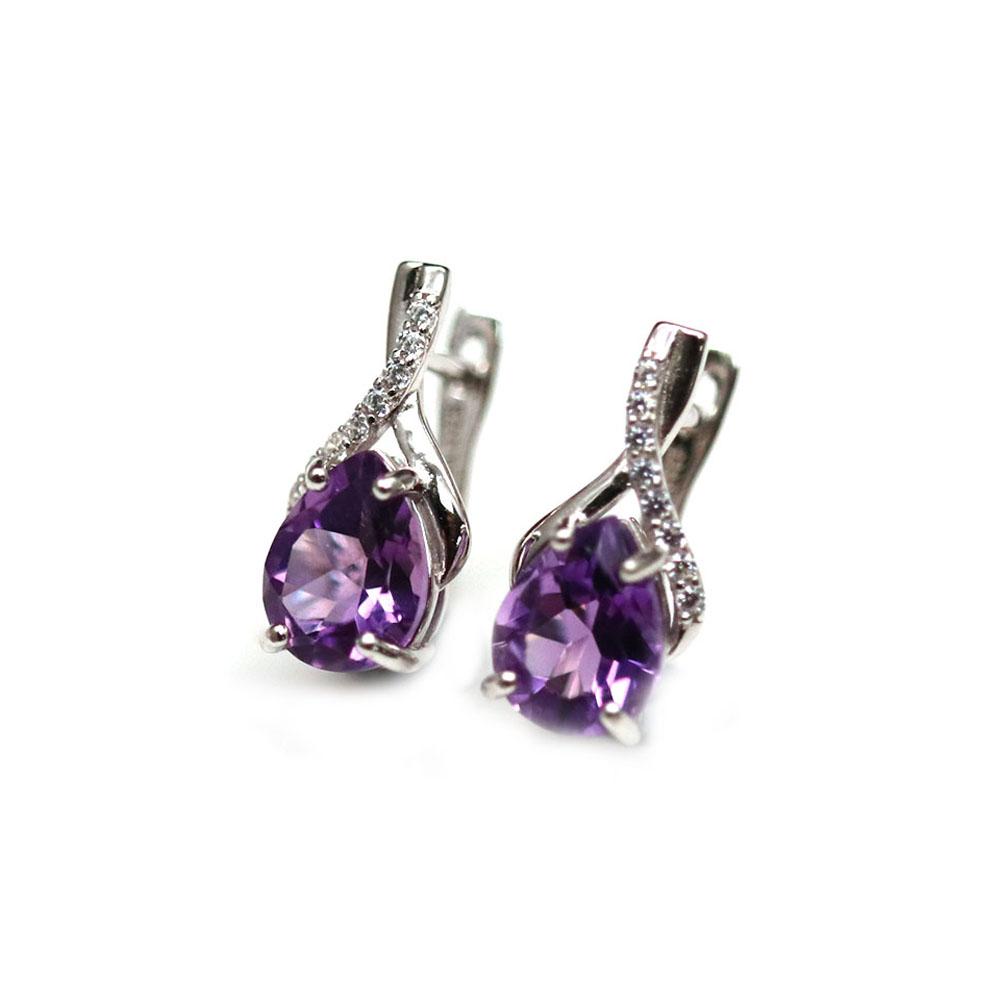 Bolaijewelry Natural Brazil Amethyst Clasp Earring 4ct Up Pear 7*9mm Real Gemstone Jewelry 925 Sterling Silver for Women Daily Wear Jewelry Gift