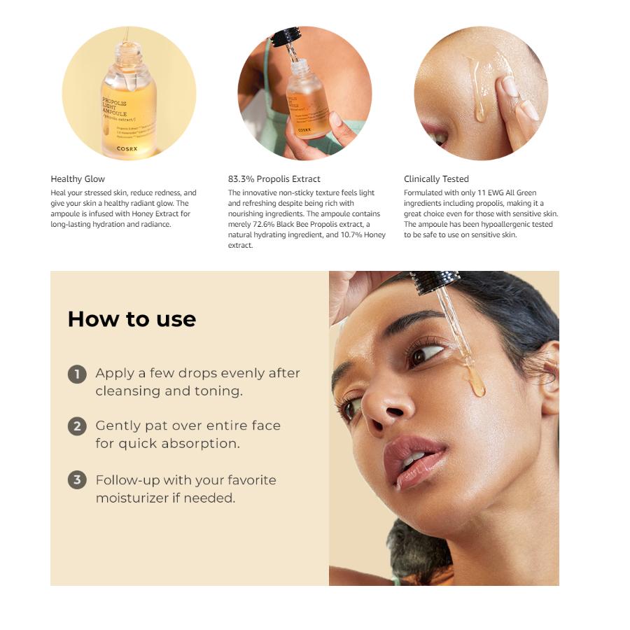 COSRX Propolis Ampoule, Сыворотка для лица, усиливающая сияние, с 73,5% экстрактом прополиса, /30 мл, увлажняющая эссенция для чувствительной кожи
