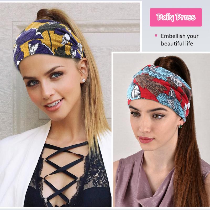 4 шт., женская повязка для волос, модная широкая эластичная повязка на голову в стиле бохо с кнопкой для занятий йогой и спортом