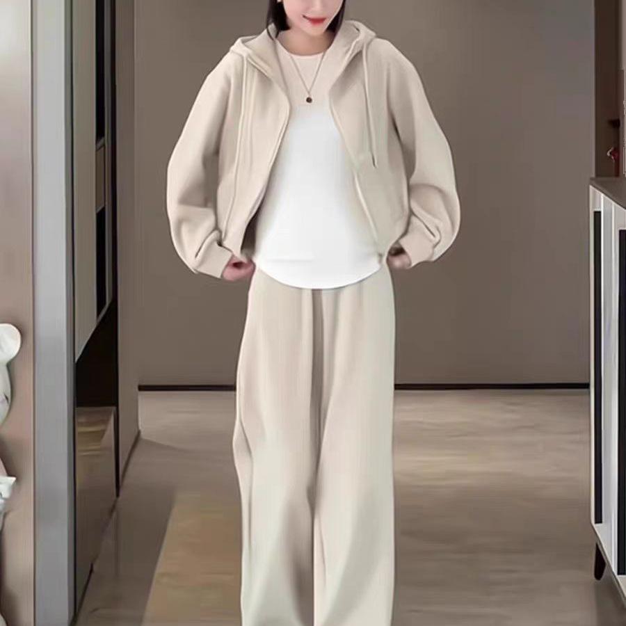 Женский спортивный костюм с флисовой подкладкой для инфлюенсеров: Худи и брюки широкого кроя для осени/зимы, для повседневной носки и бега.