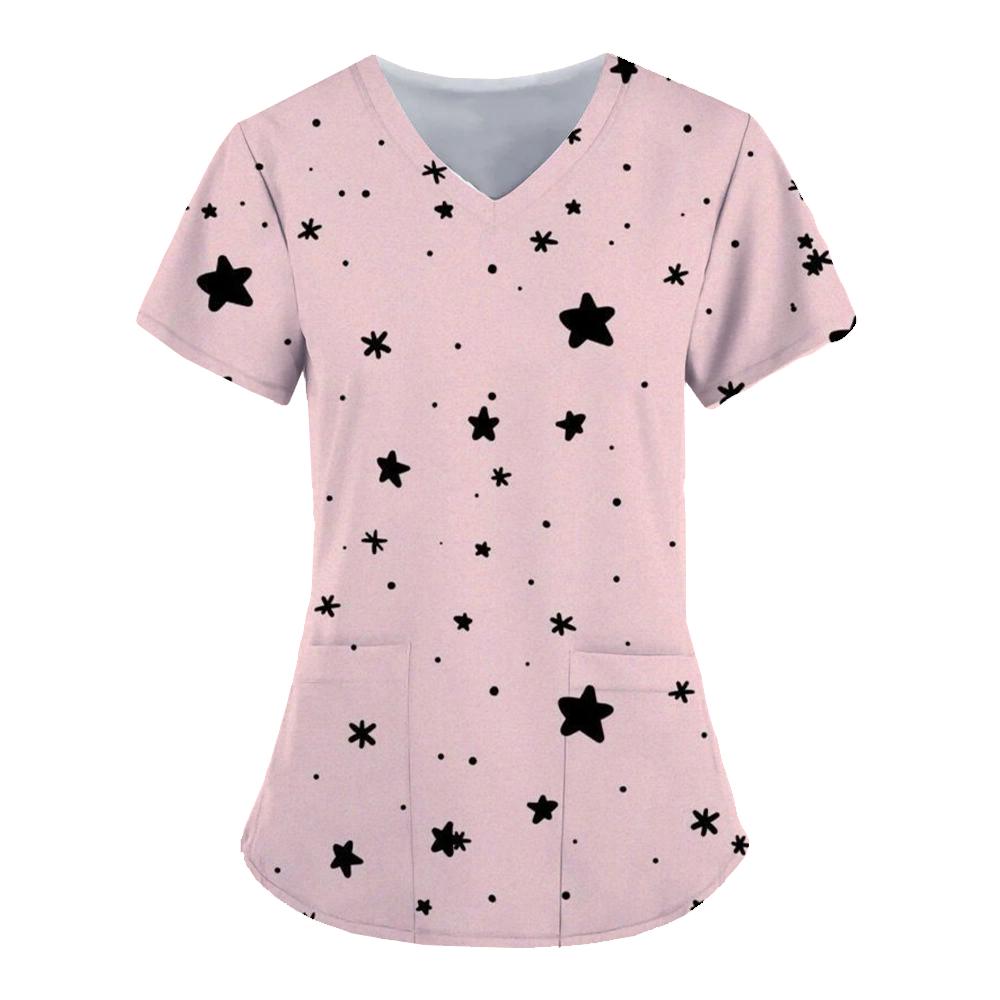 Women's Nurse Uniform Simple Star 3D Print Tops V-neck Pockets Medical Uniform Nursing Surgical Gown Tops Work Clothes