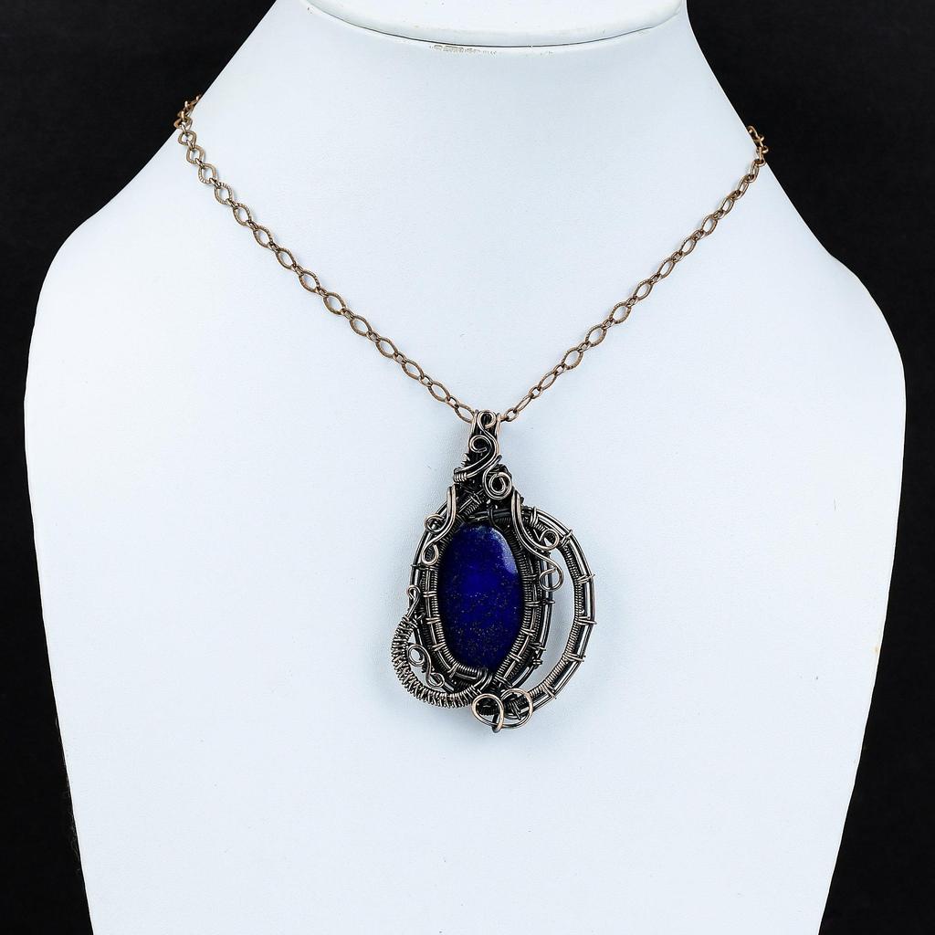 Подвеска из лазурита, медная проволочная обертка, ювелирное изделие ручной работы, антикварная подвеска, подвеска из драгоценного камня, лазуритовая медная ювелирная подвеска, подарок для нее