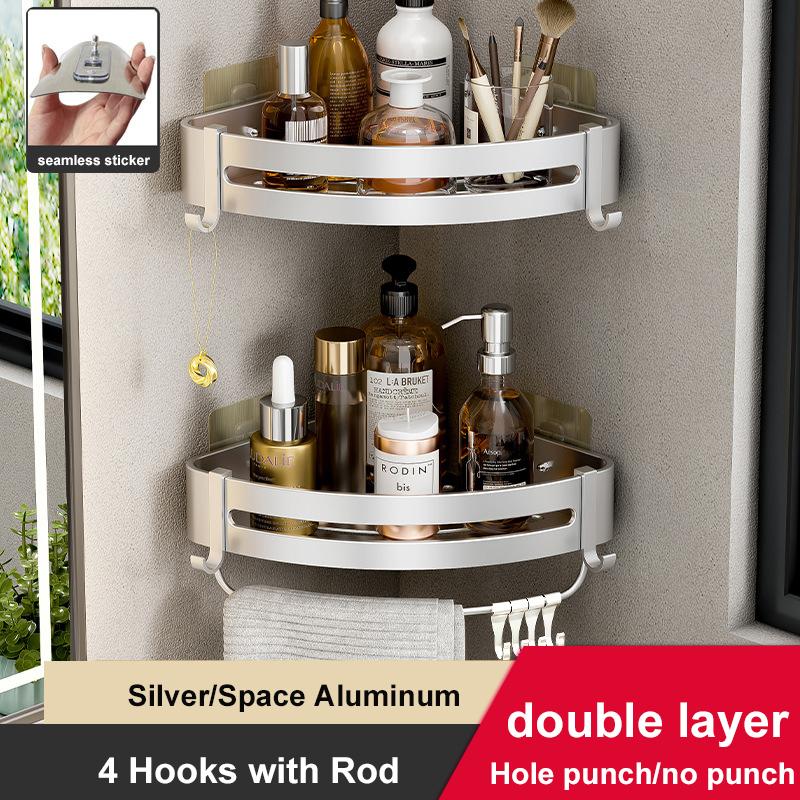 Bathroom Shelves No Drill Shampoo Storage Rack Wall Mounted Shower Corner Shelf Space Aluminum Kitchen Organizer Rack