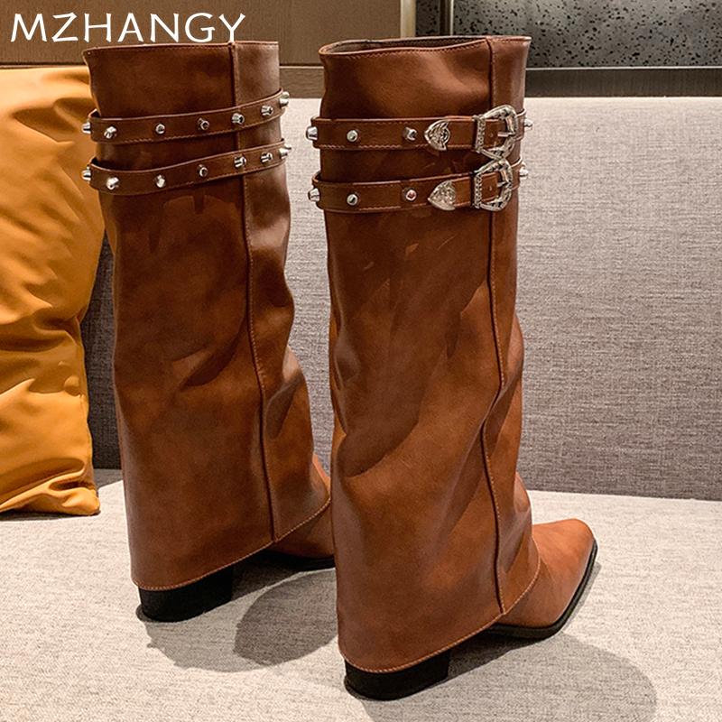 Остроносые женские высокие сапоги на среднем каблуке, кожаные туфли, женские, тренд 2024 года, массивные зимние сапоги, дизайнерские туфли-лодочки, женские готические сапоги-челси
