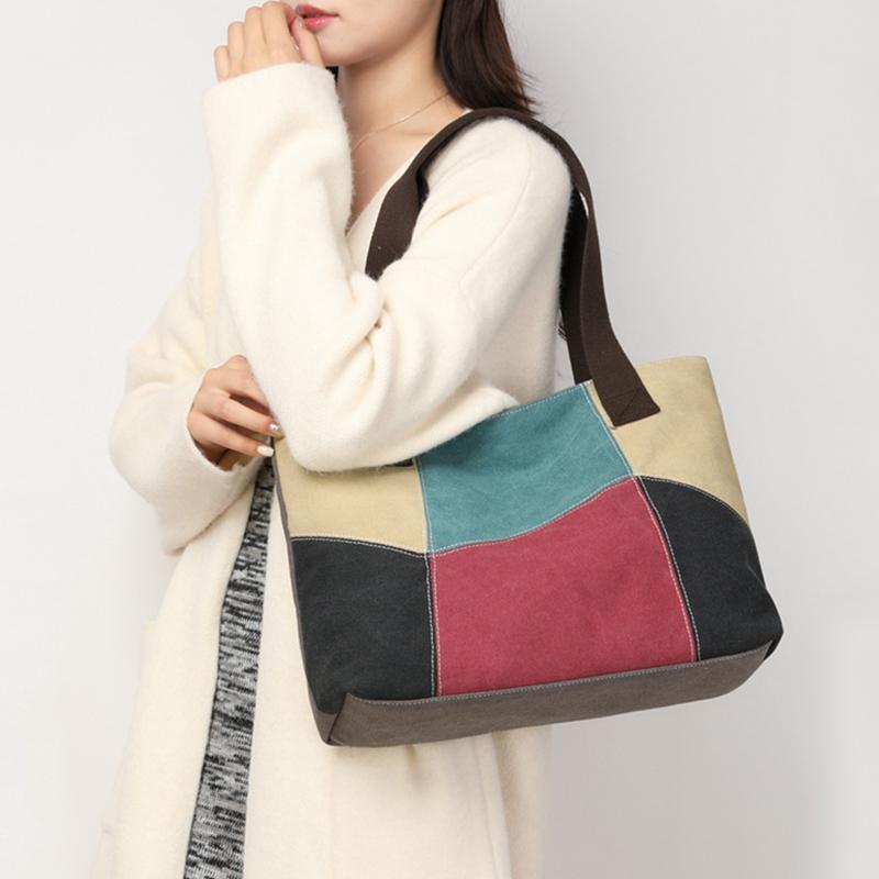 Новая женская сумка через плечо из сращенного холста, вместительная, портативная сумка-мессенджер, повседневная сумка в этническом стиле, контрастного цвета
