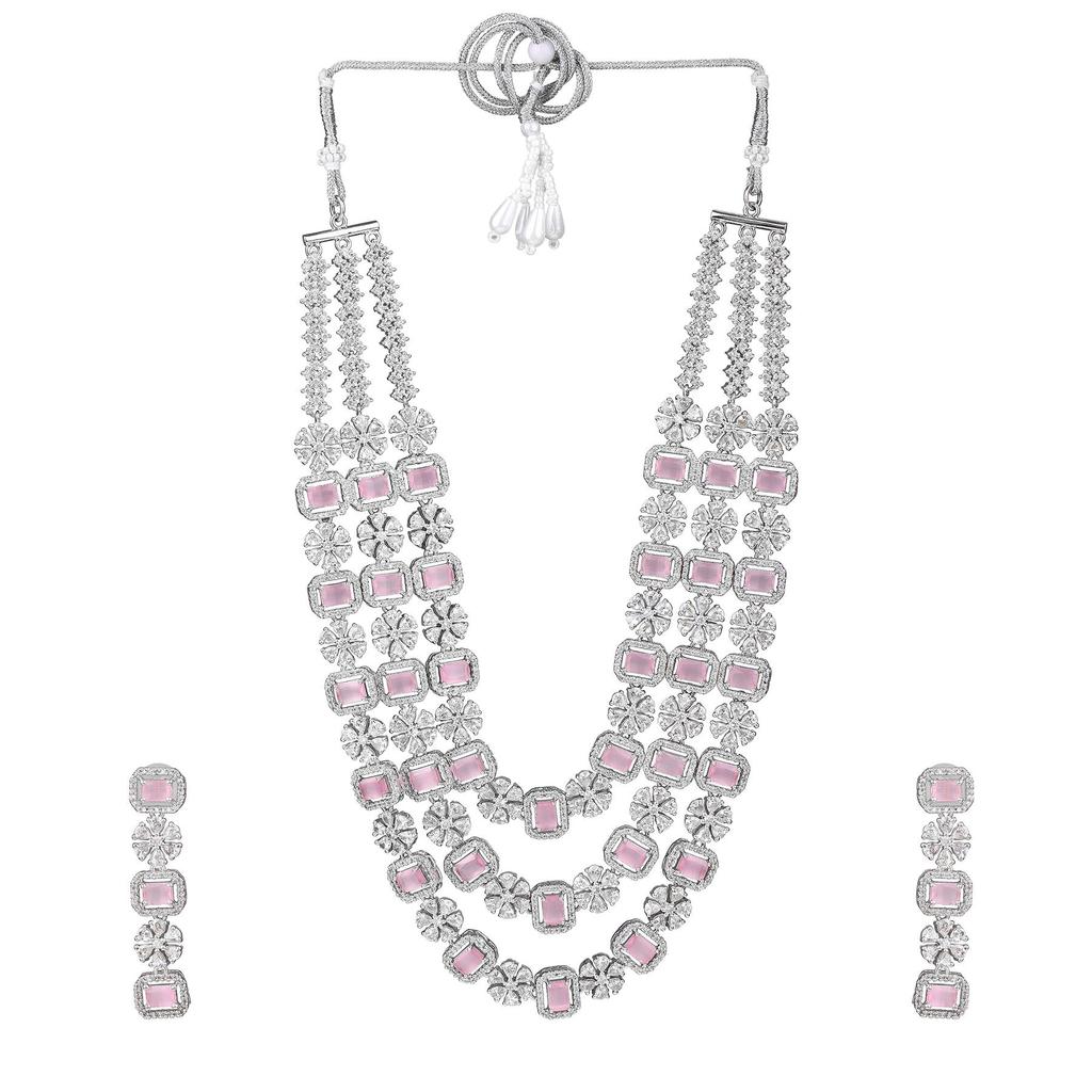 Очаровательный трехслойный комплект ожерелья Estele с родиевым покрытием CZ и мятно-розовыми и белыми кристаллами для женщин