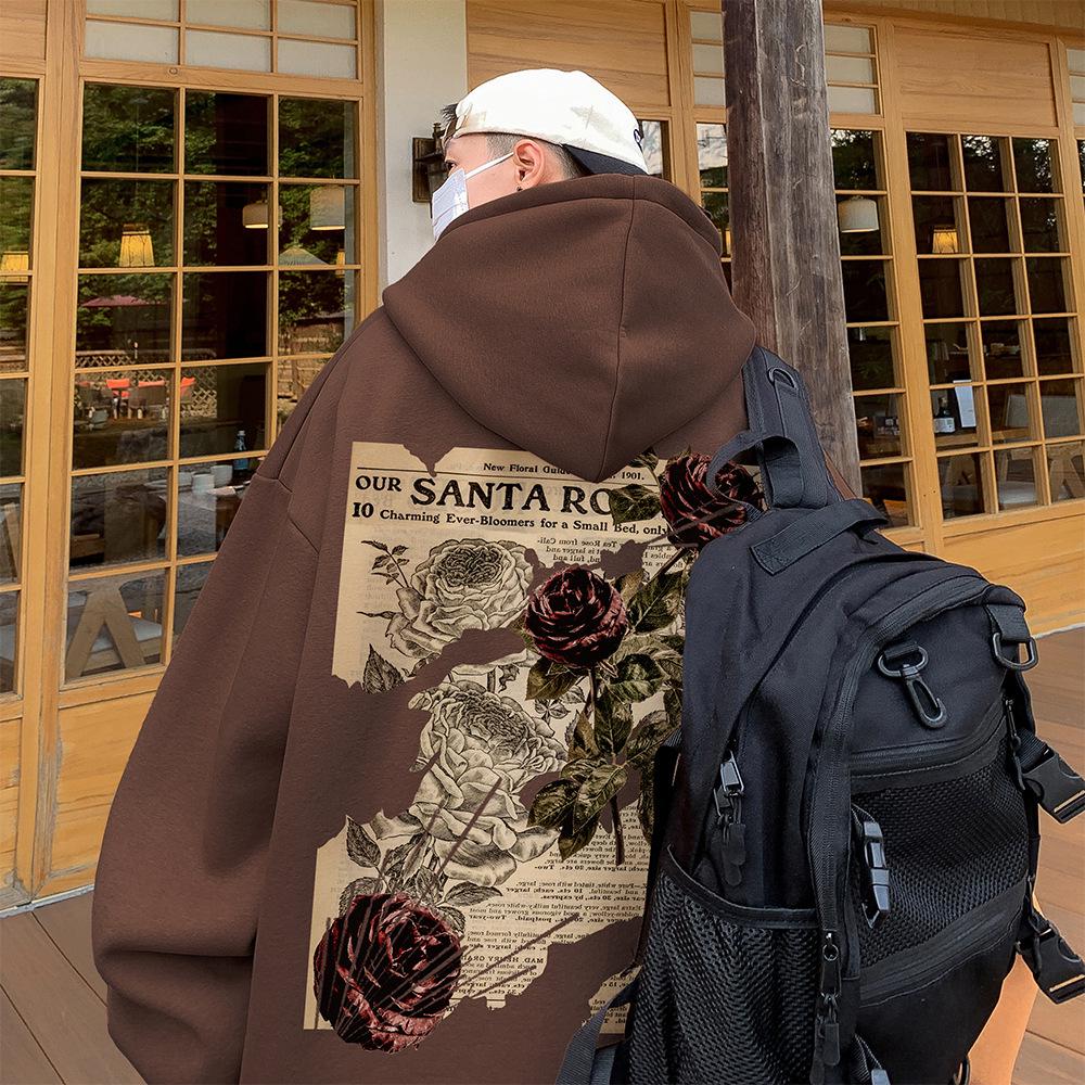 Men's Rose Print Hooded Sweatshirt: Heavyweight, Loose-Fit, Trendy American Retro Jacket for Spring & Autumn.